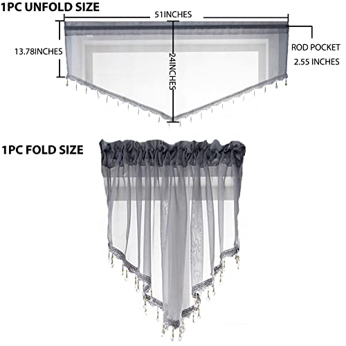 PearAge Beaded Sheer Valance Curtains for Living Room,Rod Pocket Farmhouse Window Valance, Bead Trim Tassel Voile Sheer Curtain Valance for Bedroom Bathroom Cafe 51x24 Inches (Grey) 1PC - Image 4