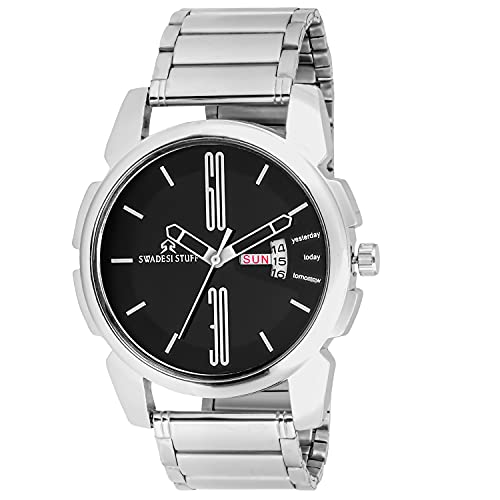 SWADESI STUFF Stainless Steel Long Last Watch Analog Men Watch (Black Dial Silver Colored Strap), Silver Band - Image 1