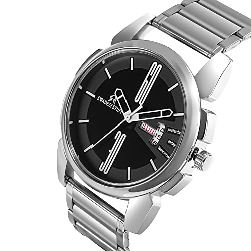SWADESI STUFF Stainless Steel Long Last Watch Analog Men Watch (Black Dial Silver Colored Strap), Silver Band - Image 2