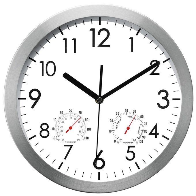 12 INCH WALL CLOCK WITH TEMPERATURE AND HUMIDITY BATTERY OPERATED NON TICKING SILENT METAL FRAME WALL CLOCKS FOR OFFICE HOME BATHROOM KITCHEN BEDROOM SCHOOL LIVING ROOMSILVER