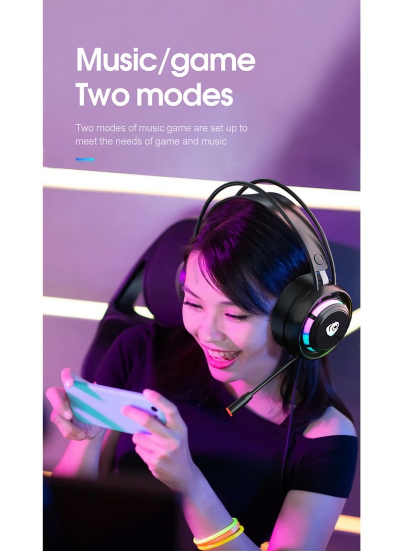 Gaming Headset Wired Double-channel Desktop Computer Laptop  with Mic Voice Headset Headphones, 50MM Speaker Unit, 7-Color Breathing Light, and 360° Omnidirectional Mic(Black) - Image 2