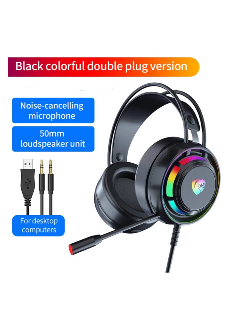 Gaming Headset Wired Double-channel Desktop Computer Laptop  with Mic Voice Headset Headphones, 50MM Speaker Unit, 7-Color Breathing Light, and 360° Omnidirectional Mic(Black) - Image 1
