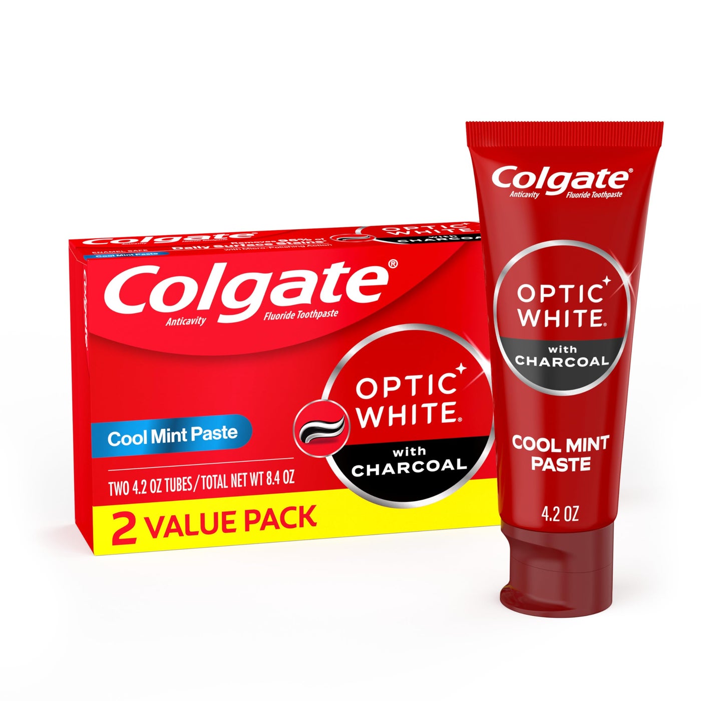 Colgate Optic White Whitening Toothpaste with Charcoal, Whitening with Charcoal Toothpaste Pack, Removes Daily Surface Stains, Enamel-Safe for Daily Use, Vegan, Cool Mint Paste, 2 Pack, 4.2 oz