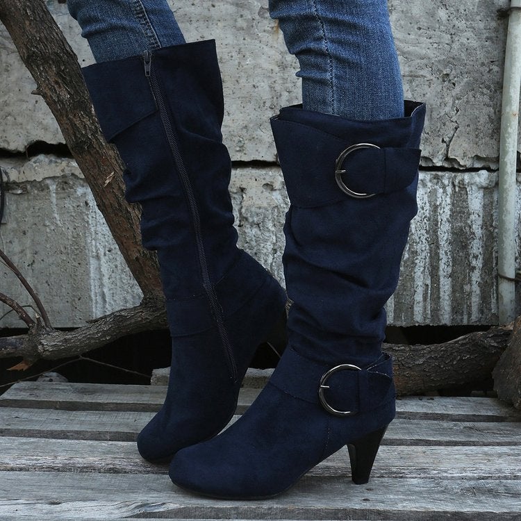 Boots New Knee Boots Suede High Heel 40-43 Size Belt Buckle Short Boots - Image 3