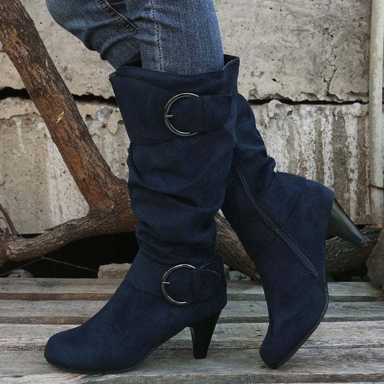 Boots New Knee Boots Suede High Heel 40-43 Size Belt Buckle Short Boots - Image 2
