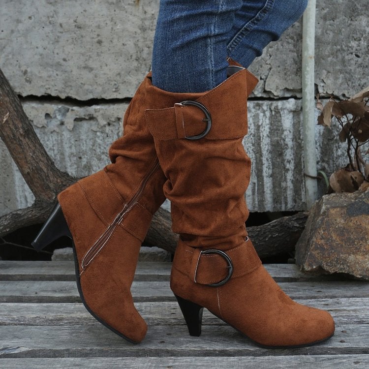 Boots New Knee Boots Suede High Heel 40-43 Size Belt Buckle Short Boots - Image 4