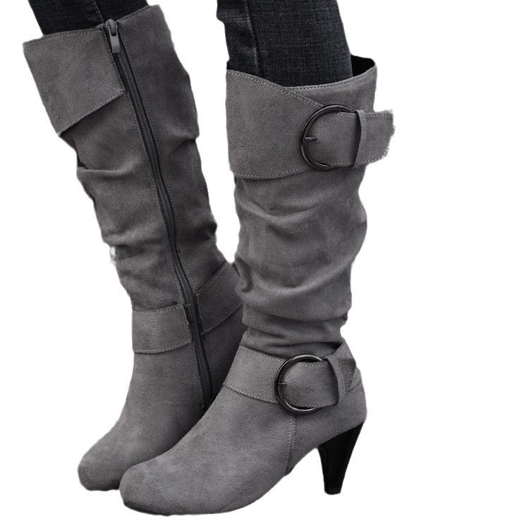 Boots New Knee Boots Suede High Heel 40-43 Size Belt Buckle Short Boots - Image 5