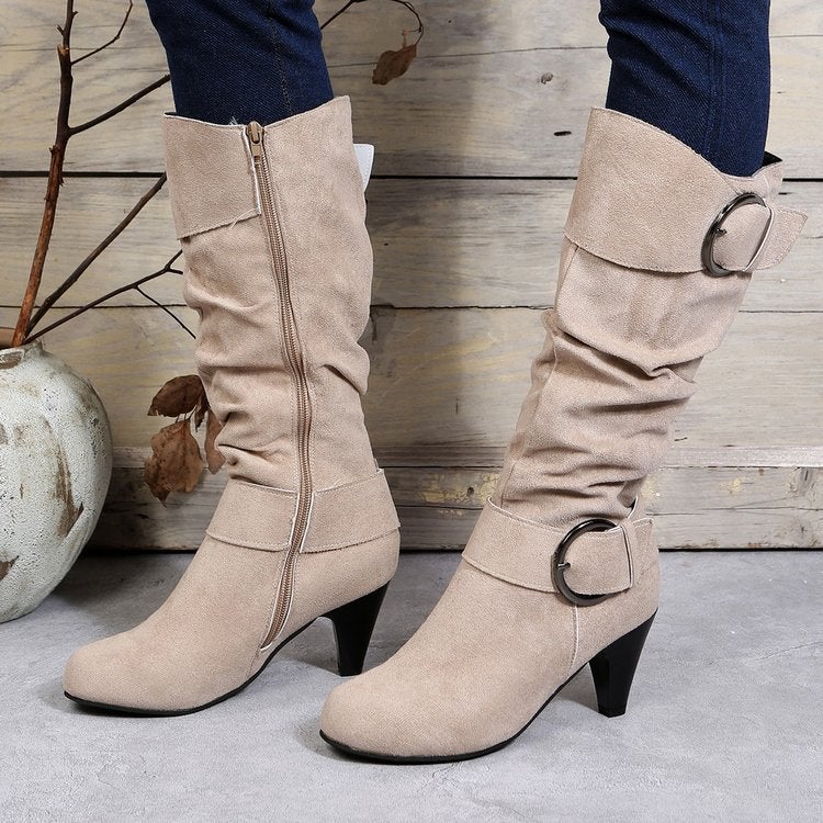 Boots New Knee Boots Suede High Heel 40-43 Size Belt Buckle Short Boots - Image 1