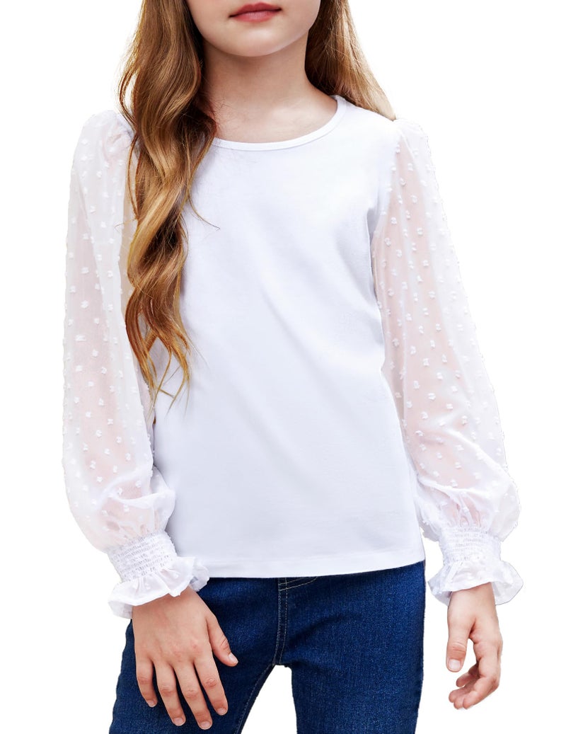 Arshiner Girls Long Sleeve Shirt with Ruffle Cuffs Polka Swiss Dots Kids Girls Pullover Shirts Cute Crewneck Girls Top, White, 11-12 Years - Image 1