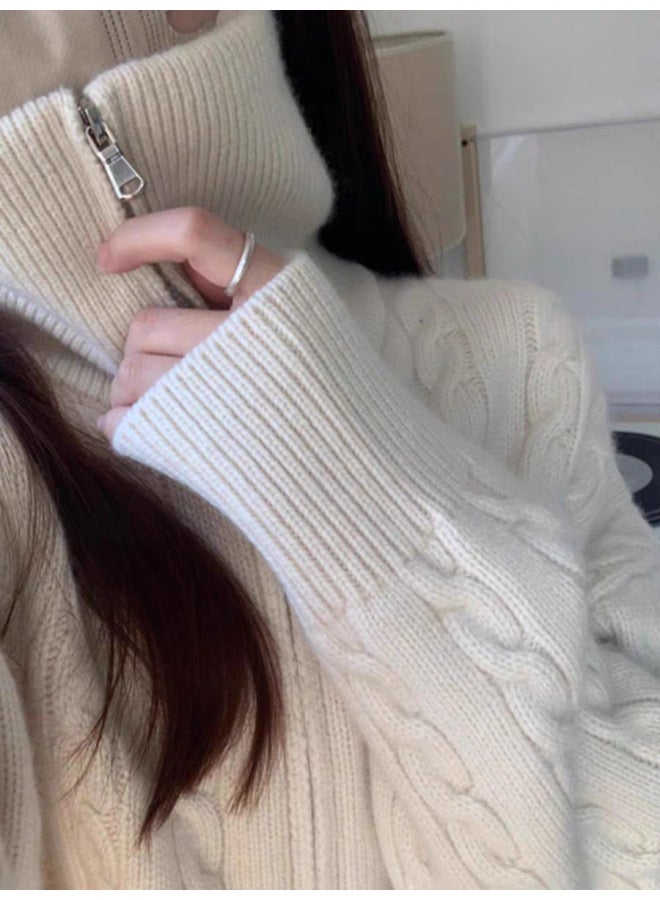 Leyuan Autumn Winter Cable Knit Long Sleeve Double Zipper High Neck Cardigan Top Outerwear Loose Lazy Fit Women's Sweater - Image 3