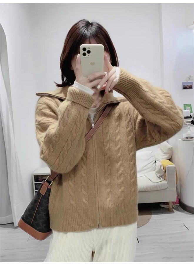 Leyuan Autumn Winter Cable Knit Long Sleeve Double Zipper High Neck Cardigan Top Outerwear Loose Lazy Fit Women's Sweater - Image 1