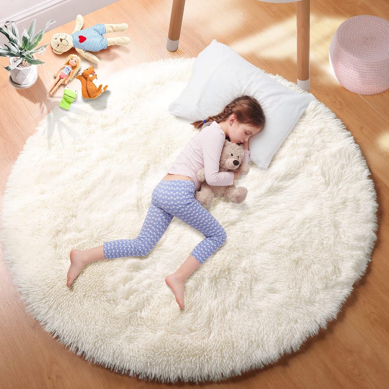 PAGISOFE Cream White Round Rug 4Ft Circle Rugs Small Fluffy Shaggy Carpets and Rug for Girls Boys Baby Kids Bedroom Furry Comfy Teepee Mats Circular Rugs for Reading Area Nursery Room