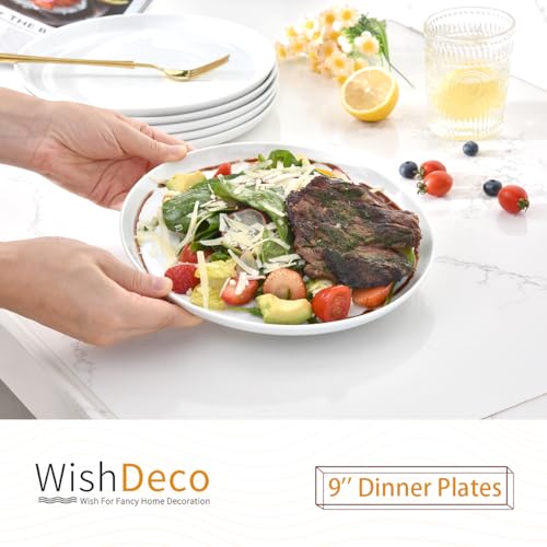WishDeco White Dinner Plates Set of 6 Porcelain Salad Plates 9 Inch Modern Kitchen Plate Round Serving Dishes Microwave and Dishwasher Safe Scratch Resistant Smooth Glaze - Image 3