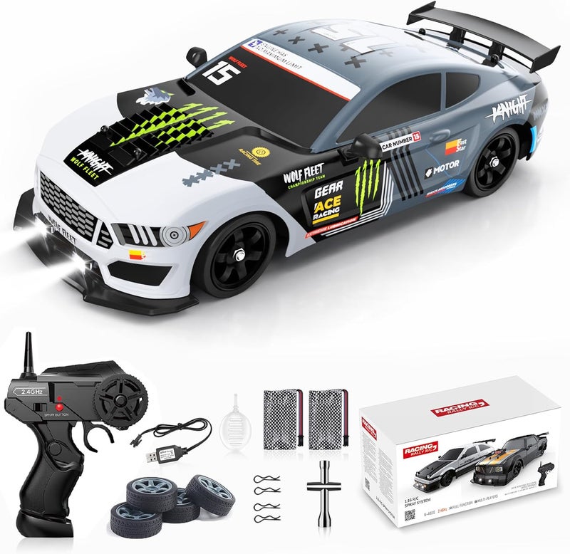 Desdoni سيارة دريفت RC 1:16 4WD 18 كم/ساعة 2.4 جيجاهرتز مع أضواء LED وإطارات مطاطية، لعبة سباق رياضية، هدية للأولاد والبنات، مع بطاريتين قابلة لإعادة الشحن - Image 1