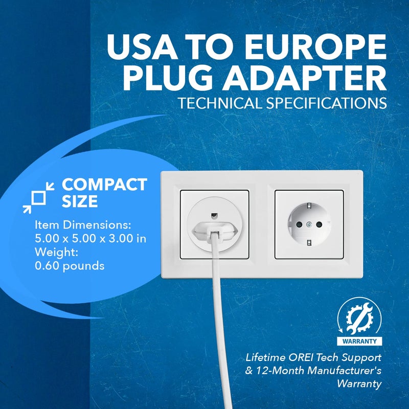 OREI OREI American USA To European Plug Adapter – Type E/F Schuko Plug Adapter - Use in Germany, France, & More - CE Certified – For Mobile, Laptop & Camera Chargers - 6 Pack  - Image 4