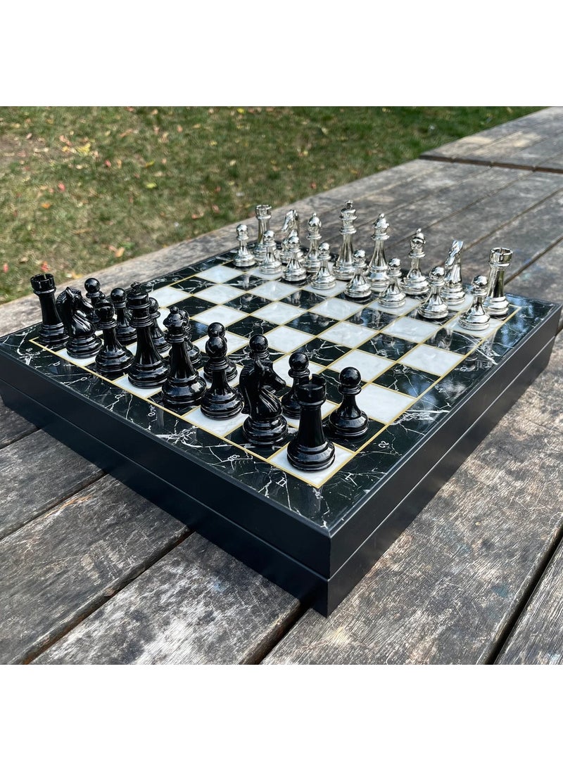 Personalized Wooden Marble Patterned Chess Set, Metal Black-Silver Chess Piece Chessboard Sets - pzsku/ZB2191611EC432925F23CZ/45/_/1728630863/656dc06e-8fae-448f-98b0-6232ff9d619c