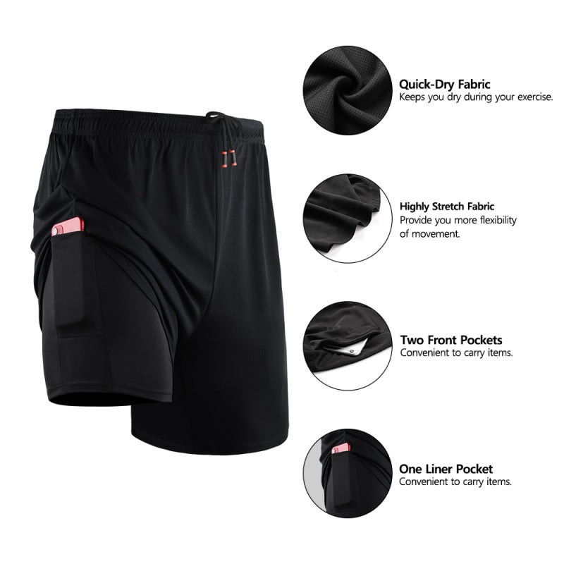 Stretchy Shorts XX-Large Black: Quick-Dry Breathable Polyester-Spandex Blend - Thigh Support Built-In Tights Workout Shorts for Gym Running Intense Activities - Image 1