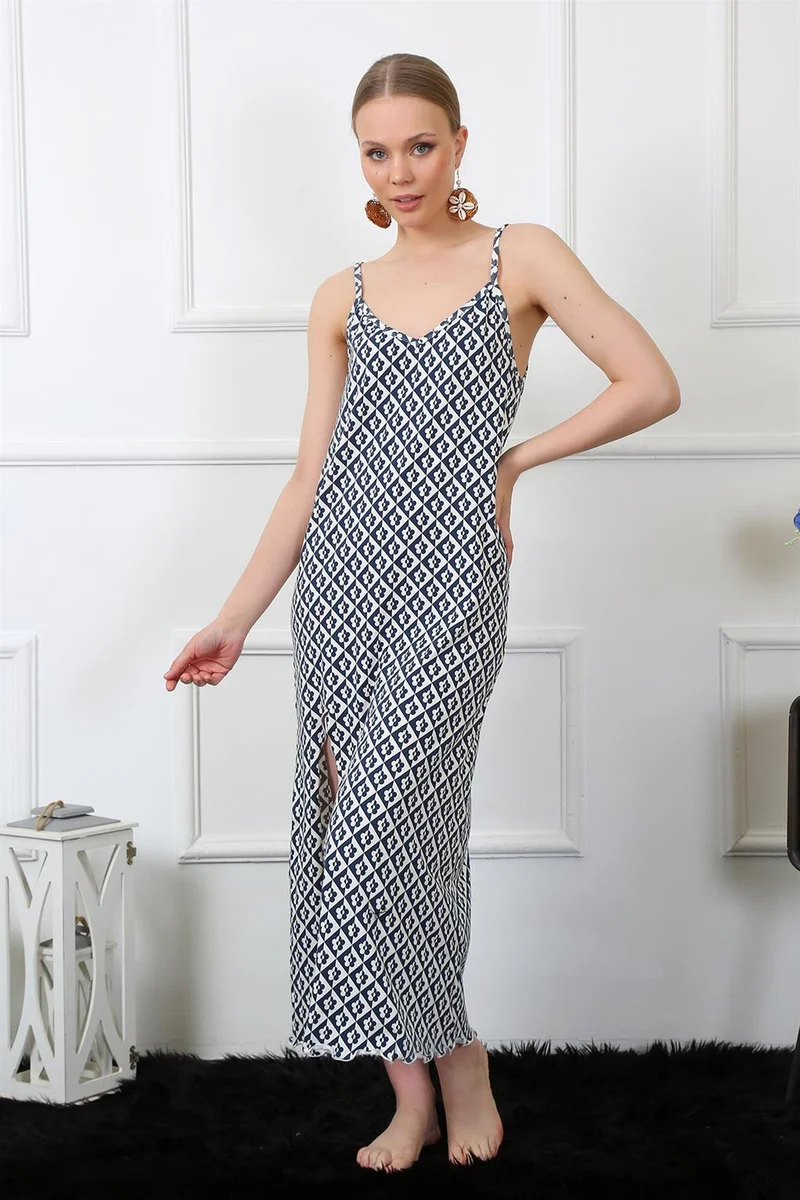 Akbeniz Women's Long Nightgown with Rope Strap 821