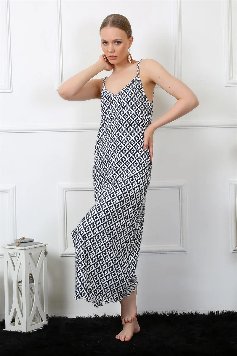 Akbeniz Women's Long Nightgown with Rope Strap 821