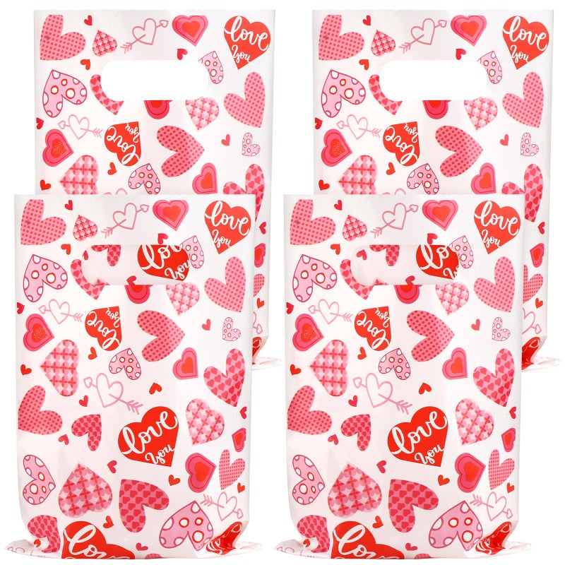 Hxezoc 50 Pieces Valentines Day Gift Bags with Handle, Plastic Treat Candy Bag Heart Goodie Treat Bags for Valentine's Day Anniversary, Baby Showers Birthday Party Supplies - Image 1