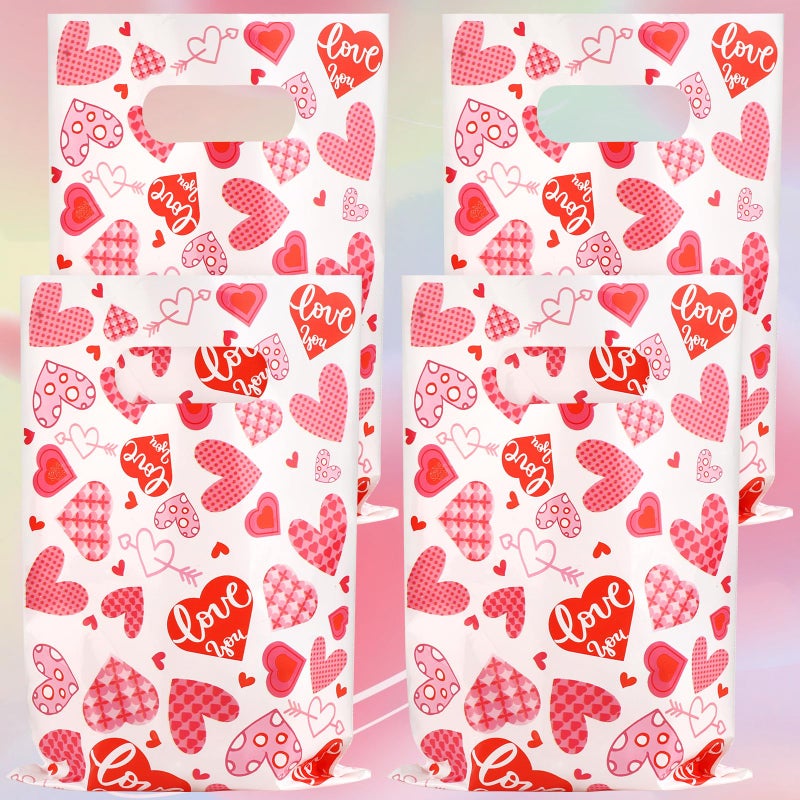 Hxezoc 50 Pieces Valentines Day Gift Bags with Handle, Plastic Treat Candy Bag Heart Goodie Treat Bags for Valentine's Day Anniversary, Baby Showers Birthday Party Supplies - Image 3