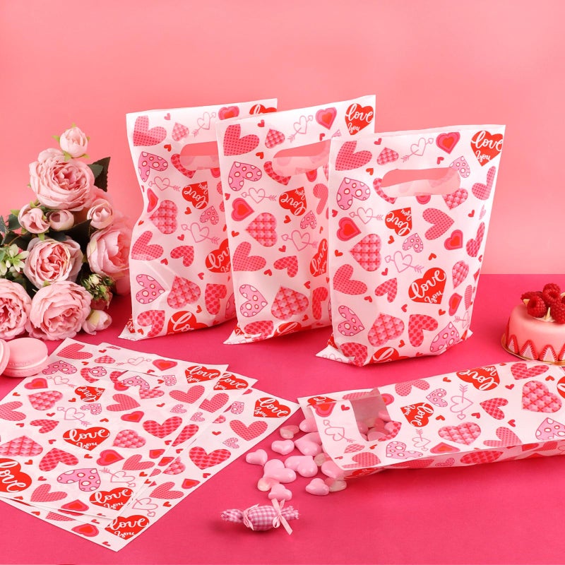 Hxezoc 50 Pieces Valentines Day Gift Bags with Handle, Plastic Treat Candy Bag Heart Goodie Treat Bags for Valentine's Day Anniversary, Baby Showers Birthday Party Supplies - Image 4