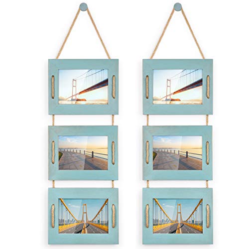 DLQuarts 5x7 Hanging Picture Frames Collage Wall Decor, Photo Frames 5x7 Without Mat & 3.5x5 with Mat, Rustic Wood 3-Frame, Ocean Blue, 2-Pack - Image 1
