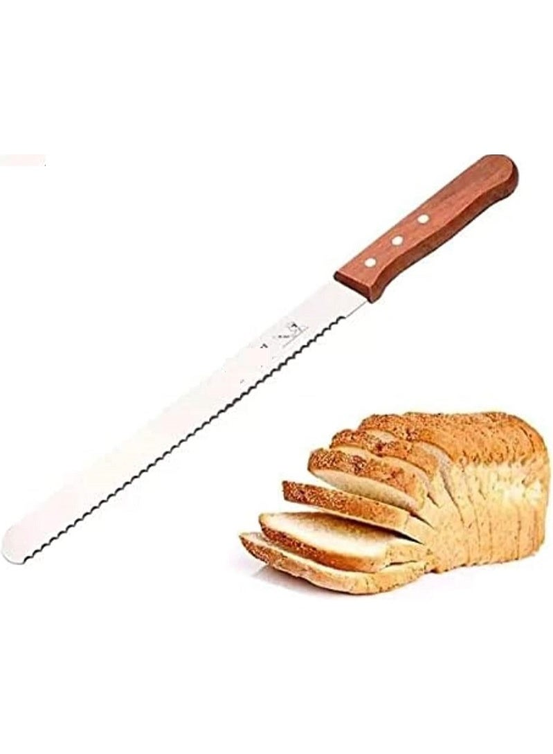 A set of two long serrated knives with sturdy wooden handles, ideal for easily and precisely cutting pastries, cakes, and shawarma.