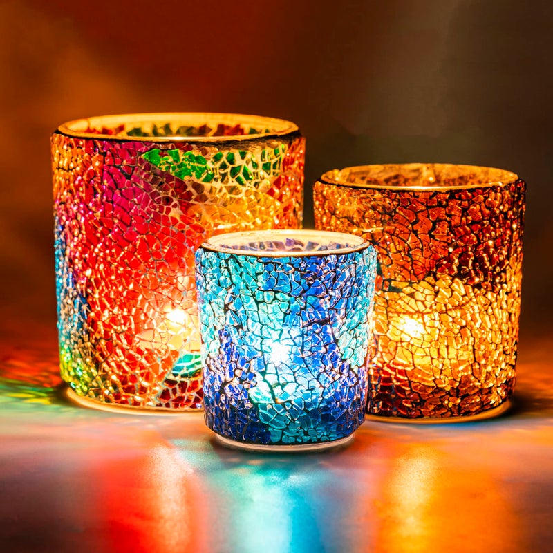 Rancco Tea Light Candle Holder Mosaic Glass Candle Jars Handmade Romantic Tealight Holders for Make Candles and Essential Oil Diffuser Table Centerpiece Bath Decor Set of 3 in 3 Size Multicolor