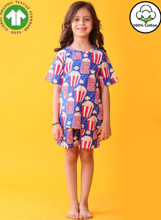 Anthrilo Girl Blue Popcorn Print Cotton T-Shirt and Shorts Set