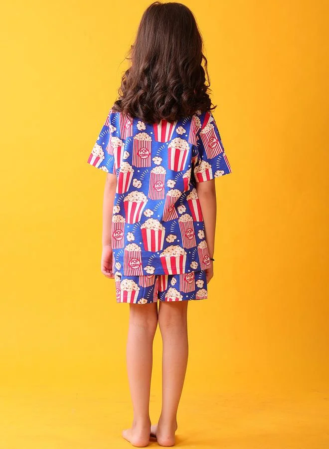 Anthrilo Girl Blue Popcorn Print Cotton T-Shirt and Shorts Set