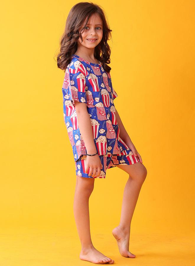 Anthrilo Girl Blue Popcorn Print Cotton T-Shirt and Shorts Set - Image 3