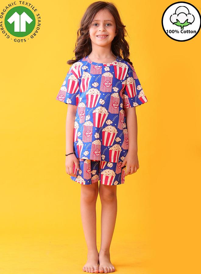 Anthrilo Girl Blue Popcorn Print Cotton T-Shirt and Shorts Set - Image 1