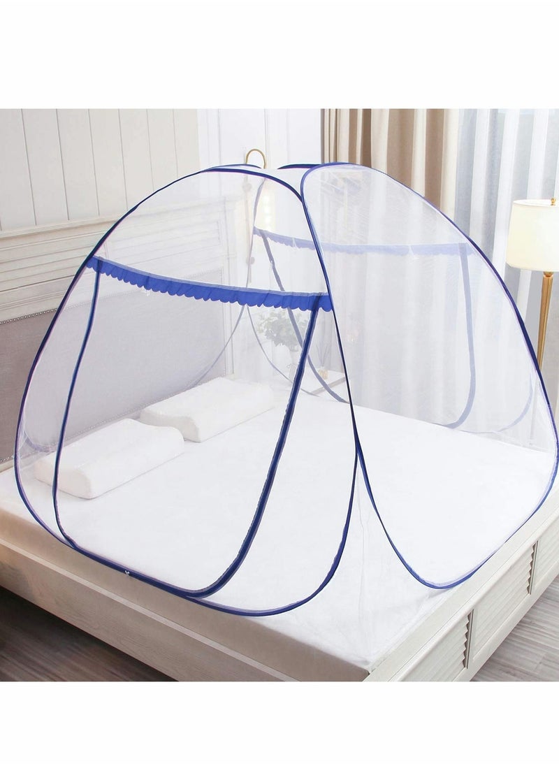 KASTWAVE - Mosquito Nets, Outdoor Mongolian Yurt Dome Net Free Installation and Folding Nets, Prevent Insect Pop Up Tent Curtains for Beds Bedroom (150 * 200 * 150cm, White+ Blue) - Image 1
