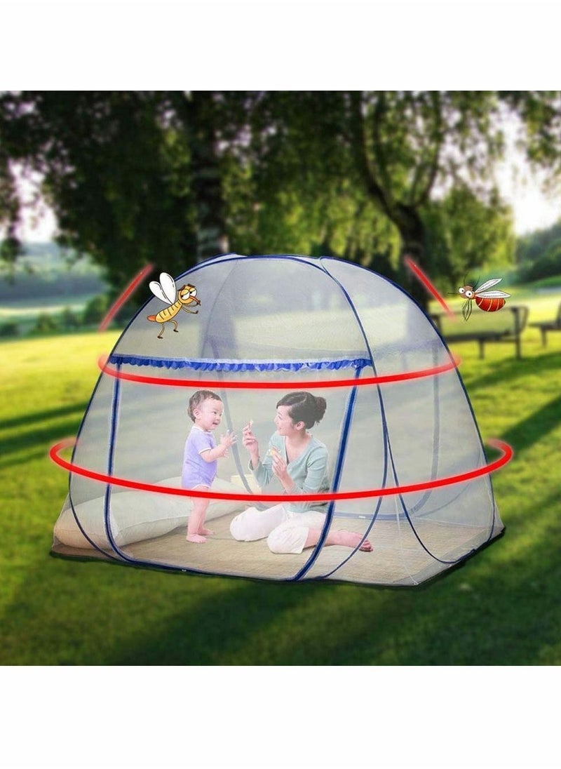 KASTWAVE - Mosquito Nets, Outdoor Mongolian Yurt Dome Net Free Installation and Folding Nets, Prevent Insect Pop Up Tent Curtains for Beds Bedroom (150 * 200 * 150cm, White+ Blue) - Image 1