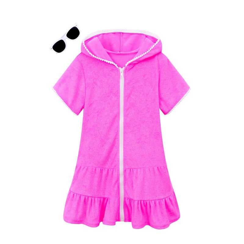 LUCKYGAL Girls Swim Cover Up Kids Swimsuit Coverup Terry Zip-Up Beach Bathing Suit, Size 6 7 Rose Red - Image 1