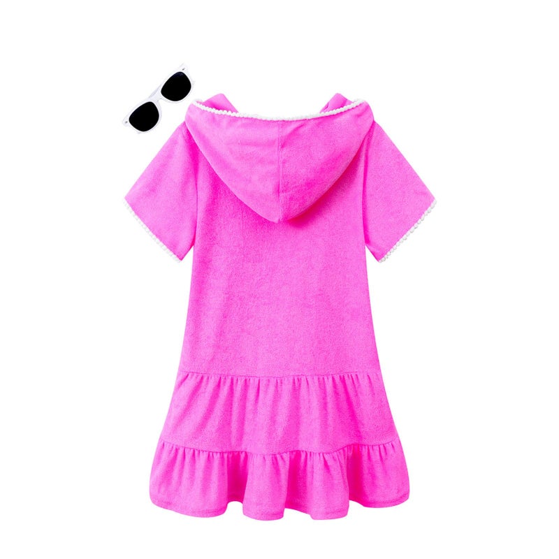 LUCKYGAL Girls Swim Cover Up Kids Swimsuit Coverup Terry Zip-Up Beach Bathing Suit, Size 6 7 Rose Red - Image 3