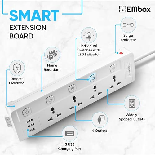 EMBOX Extension Board with USB (2.4 A)| Extension Board with Switches Spike Guard | 6 amp Universal Sockets, LED Indicator 2500W, 3 Meter Extension Cord - Image 3