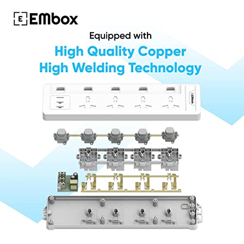 EMBOX Extension Board with USB (2.4 A)| Extension Board with Switches Spike Guard | 6 amp Universal Sockets, LED Indicator 2500W, 3 Meter Extension Cord - Image 5