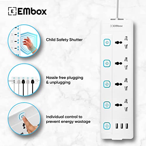 EMBOX Extension Board with USB (2.4 A)| Extension Board with Switches Spike Guard | 6 amp Universal Sockets, LED Indicator 2500W, 3 Meter Extension Cord - Image 4