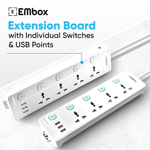 EMBOX Extension Board with USB (2.4 A)| Extension Board with Switches Spike Guard | 6 amp Universal Sockets, LED Indicator 2500W, 3 Meter Extension Cord - Image 2