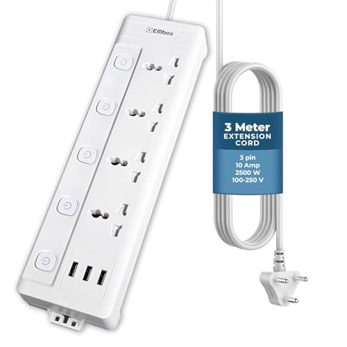 EMBOX Extension Board with USB (2.4 A)| Extension Board with Switches Spike Guard | 6 amp Universal Sockets, LED Indicator 2500W, 3 Meter Extension Cord - Image 1