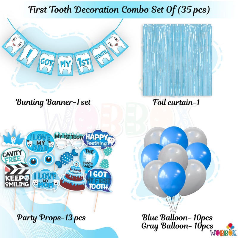 WOBBOX ووبوكس أول سن أزرق 13 قطعة لوازم حفلات مع لافتة أنا حصلت على أول سن، خط أنيق باللون الأزرق، بالونات وستارة فويل، زينة أول سن - Image 2