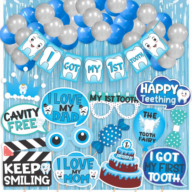 WOBBOX ووبوكس أول سن أزرق 13 قطعة لوازم حفلات مع لافتة أنا حصلت على أول سن، خط أنيق باللون الأزرق، بالونات وستارة فويل، زينة أول سن - Image 1