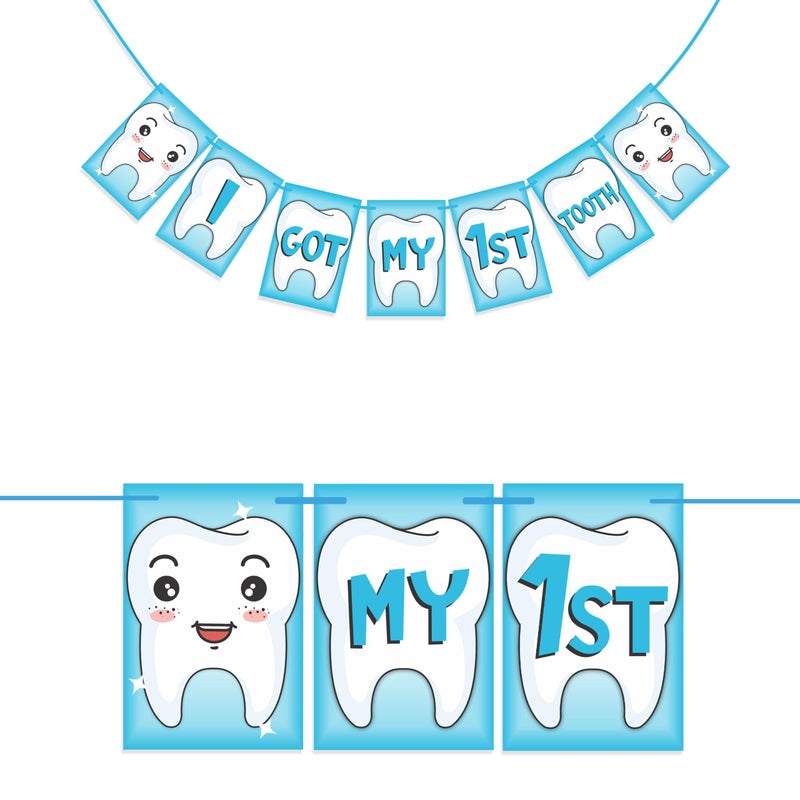 WOBBOX ووبوكس أول سن أزرق 13 قطعة لوازم حفلات مع لافتة أنا حصلت على أول سن، خط أنيق باللون الأزرق، بالونات وستارة فويل، زينة أول سن - Image 4