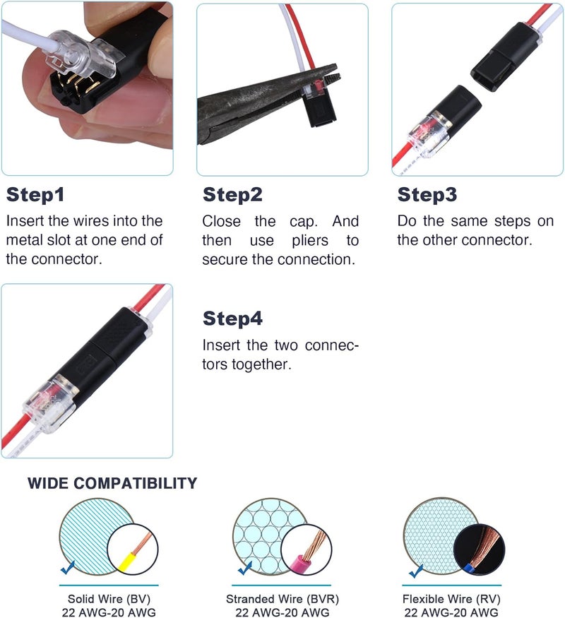 Brightfour Pluggable Low Voltage Wire Connectors, No Stripping 12v 2 Wires Plug-in LED Wire Connectors for AWG 20-22 (12 Pairs) - Image 5
