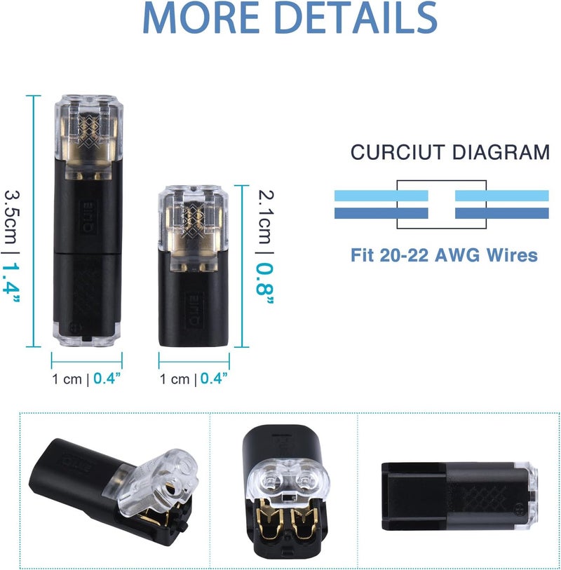 Brightfour Pluggable Low Voltage Wire Connectors, No Stripping 12v 2 Wires Plug-in LED Wire Connectors for AWG 20-22 (12 Pairs) - Image 3