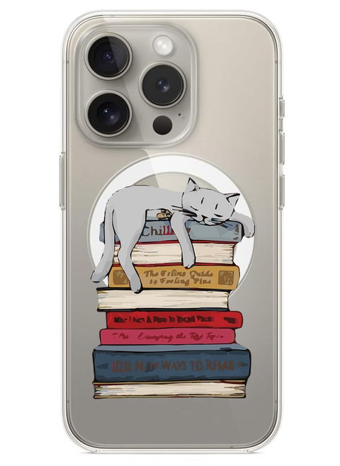 Magnetic Case for iPhone 15 Pro Max 6.7-inch Compatible with MagSafe Wireless Charging, Shockproof Phone Bumper Cover Cat on books
