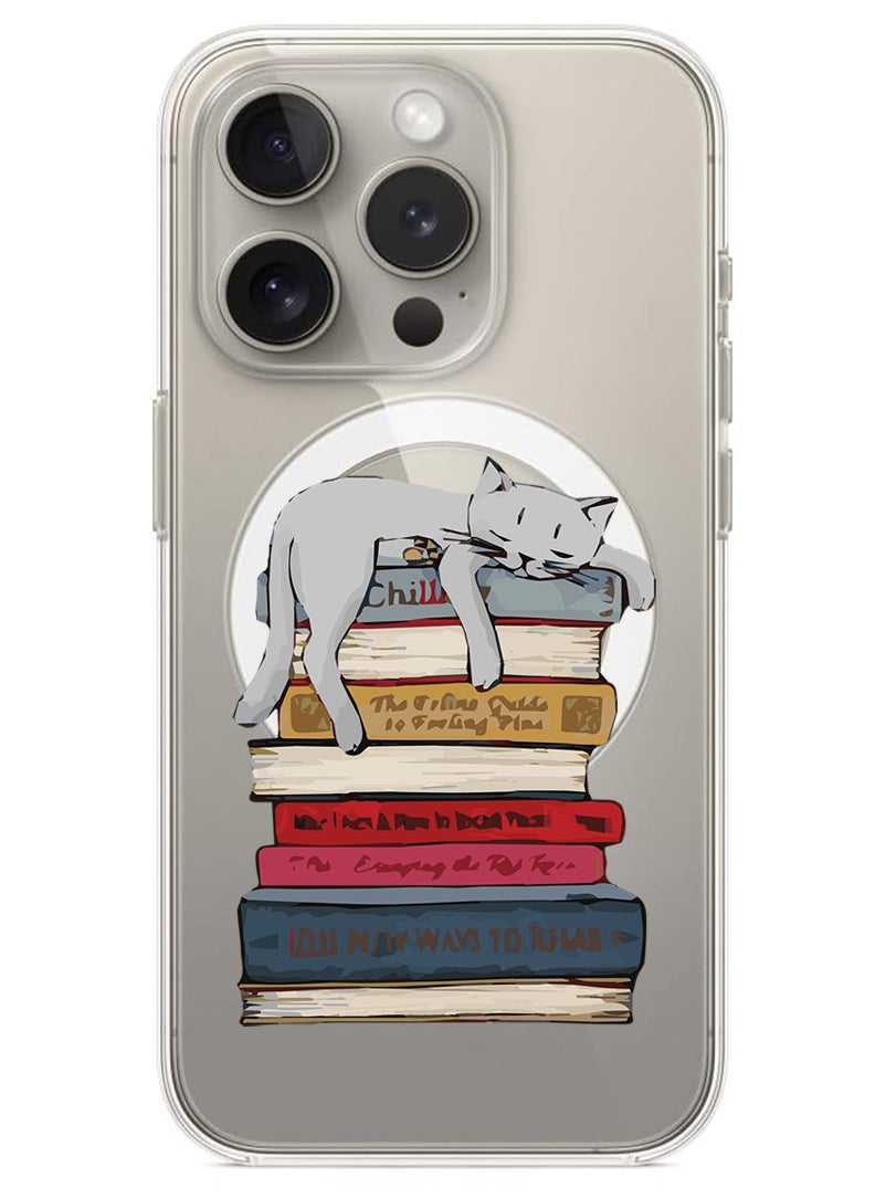 Magnetic Case for iPhone 15 Pro Max 6.7-inch Compatible with MagSafe Wireless Charging, Shockproof Phone Bumper Cover Cat on books