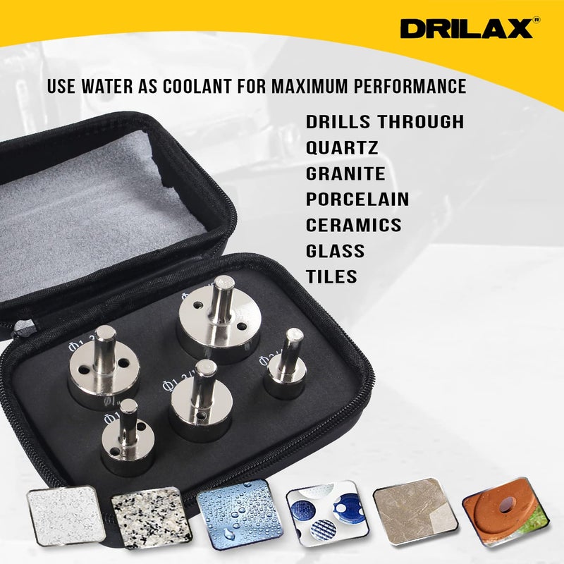 Drilax Diamond Drill Bits Set 5 Pcs 3/4 inch, 1 inch, 1-1/4 inch, 1-1/2 inch, 1-3/4 inch Tile Drill Bits Diamond Drill Bits for Ceramic Glass Drill Bit Diamond Hole Saw Kit with Drill Guide - Image 5